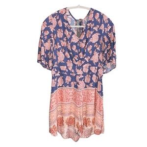 Floral Romper, Blue and Coral Xhilaration Romper Size Medium, Tie in Back